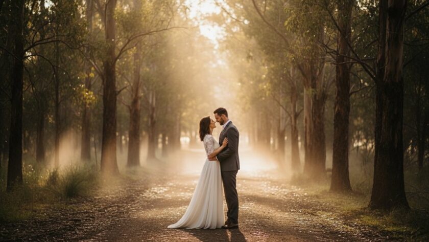 A breathtaking and romantic Daylesford pre-wedding photoshoot planning moment, featuring a couple embracing amidst a misty, sun-drenched forest near a mineral spring, capturing their love with dramatic lighting and professional colour grading.