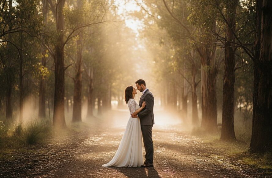 A breathtaking and romantic Daylesford pre-wedding photoshoot planning moment, featuring a couple embracing amidst a misty, sun-drenched forest near a mineral spring, capturing their love with dramatic lighting and professional colour grading.