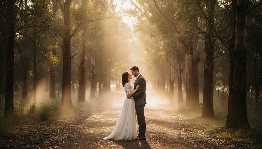 A breathtaking and romantic Daylesford pre-wedding photoshoot planning moment, featuring a couple embracing amidst a misty, sun-drenched forest near a mineral spring, capturing their love with dramatic lighting and professional colour grading.