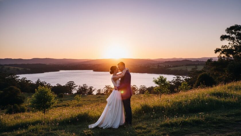 A newlywed couple embracing passionately amidst the golden hour glow in a lush Daylesford garden, captured as part of their romantic Daylesford wedding photography packages Victoria, an epic moment of love and serenity.