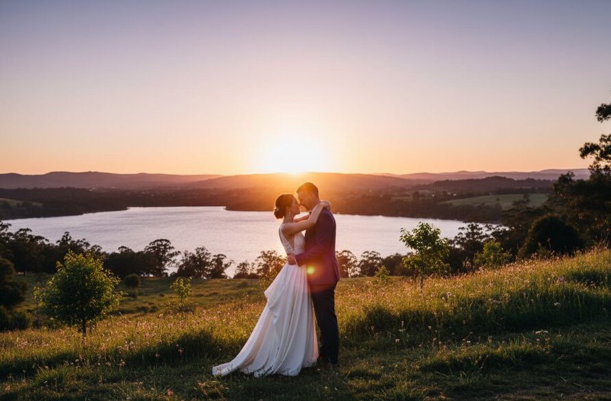 A newlywed couple embracing passionately amidst the golden hour glow in a lush Daylesford garden, captured as part of their romantic Daylesford wedding photography packages Victoria, an epic moment of love and serenity.