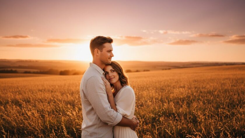 An intimate and romantic Dennington pre-wedding photo shoot Victoria, featuring a couple embracing against a dramatic sunset over rolling hills, capturing an epic moment of love and anticipation.