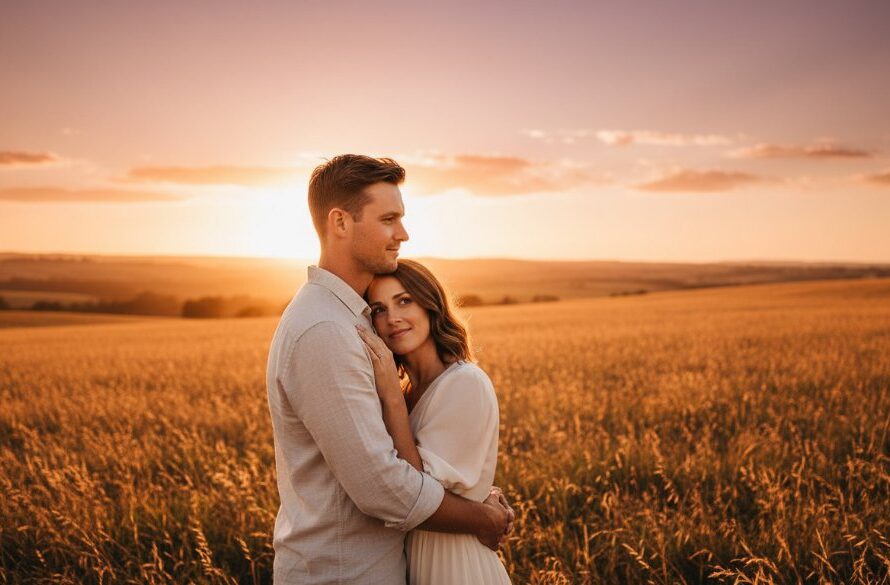 An intimate and romantic Dennington pre-wedding photo shoot Victoria, featuring a couple embracing against a dramatic sunset over rolling hills, capturing an epic moment of love and anticipation.