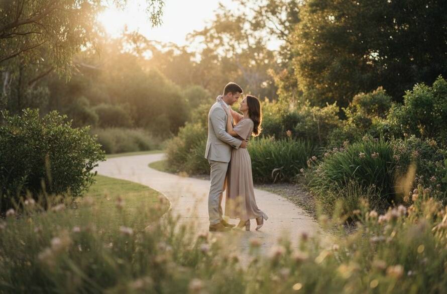 A couple shares a tender, joyful embrace during their Romantic Dingley Village Engagement Photoshoot Ideas session at sunset, silhouetted against the golden hour glow of Braeside Park, capturing an epic moment of their love story.