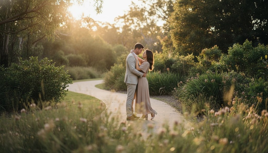 A couple shares a tender, joyful embrace during their Romantic Dingley Village Engagement Photoshoot Ideas session at sunset, silhouetted against the golden hour glow of Braeside Park, capturing an epic moment of their love story.