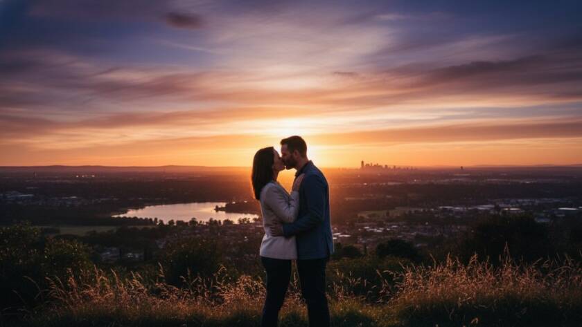 An epic moment capture of a couple embracing passionately during romantic Doncaster engagement photos at sunset, silhouetted against a golden hour sky in a scenic park, evoking deep emotion and connection.