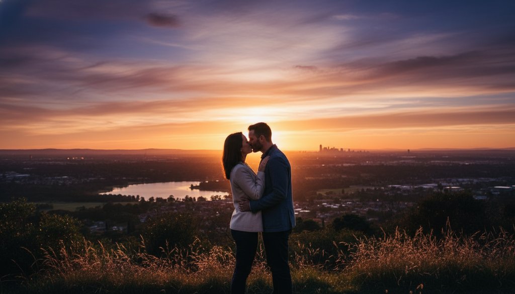 An epic moment capture of a couple embracing passionately during romantic Doncaster engagement photos at sunset, silhouetted against a golden hour sky in a scenic park, evoking deep emotion and connection.