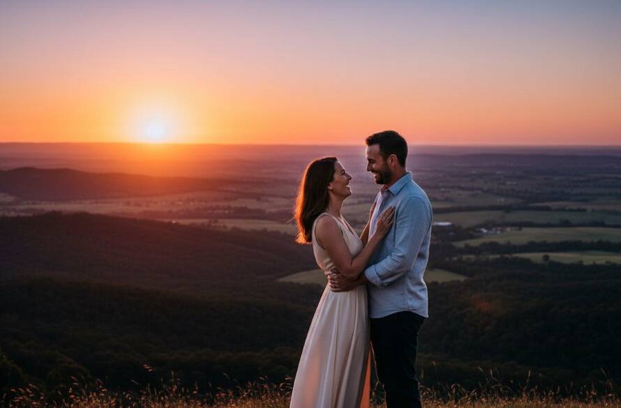 A stunning, high-angle wide shot capturing a couple sharing an intimate, joyful moment during their romantic Doncaster pre-wedding photo shoot Victoria at sunset, with sweeping views of the Yarra Valley in the background, dramatic golden hour light, and vibrant green foliage.