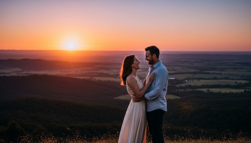 A stunning, high-angle wide shot capturing a couple sharing an intimate, joyful moment during their romantic Doncaster pre-wedding photo shoot Victoria at sunset, with sweeping views of the Yarra Valley in the background, dramatic golden hour light, and vibrant green foliage.