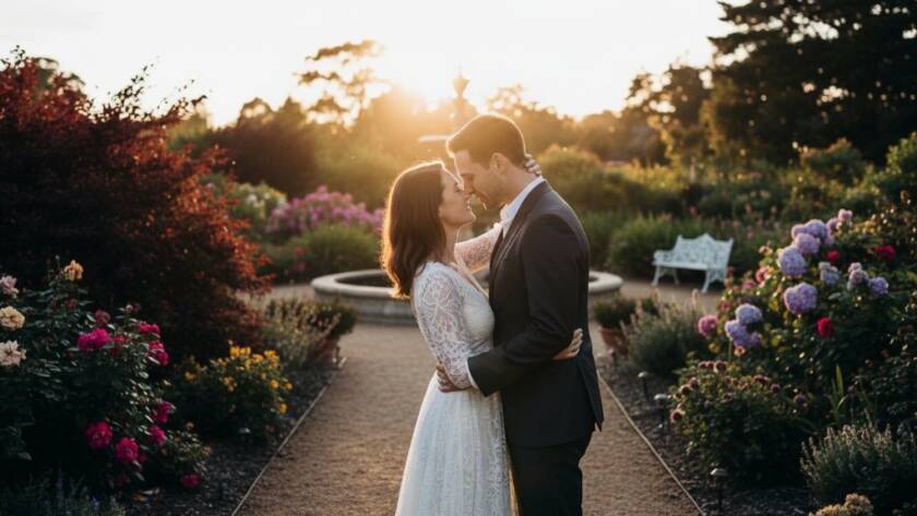 A couple embracing passionately at sunset in a vibrant Victorian garden in Donvale, with soft, golden hour light filtering through lush foliage, capturing an epic, intimate moment during their romantic Donvale pre-wedding photography Victoria Gardens session.