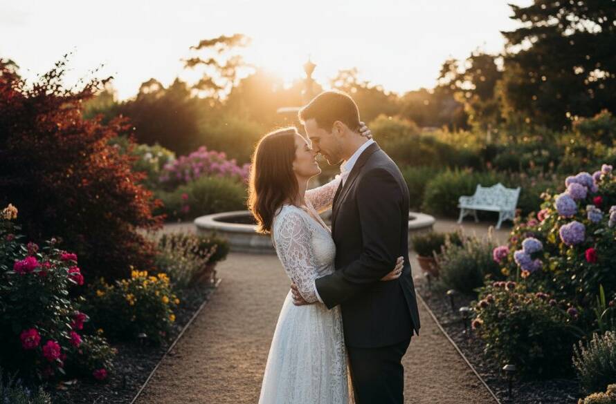 A couple embracing passionately at sunset in a vibrant Victorian garden in Donvale, with soft, golden hour light filtering through lush foliage, capturing an epic, intimate moment during their romantic Donvale pre-wedding photography Victoria Gardens session.