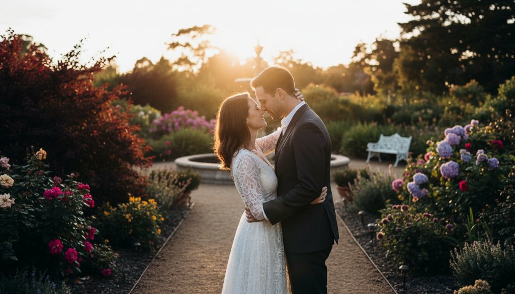 A couple embracing passionately at sunset in a vibrant Victorian garden in Donvale, with soft, golden hour light filtering through lush foliage, capturing an epic, intimate moment during their romantic Donvale pre-wedding photography Victoria Gardens session.