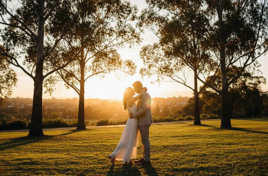 A newly engaged couple sharing a tender, joyful moment during their romantic Donvale pre-wedding photoshoot, captured at sunset with dramatic lens flare in a lush park setting, professional cinematic photography with warm colour grading.