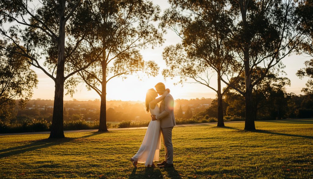 A newly engaged couple sharing a tender, joyful moment during their romantic Donvale pre-wedding photoshoot, captured at sunset with dramatic lens flare in a lush park setting, professional cinematic photography with warm colour grading.