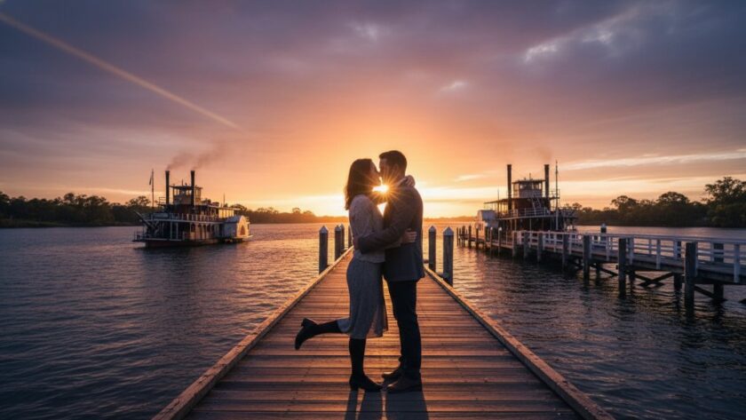 A loving couple embracing on the historic port of Echuca at golden hour, capturing a romantic Echuca engagement photoshoot at sunset, with paddle steamers in the background under a dramatic, professionally colour-graded sky.