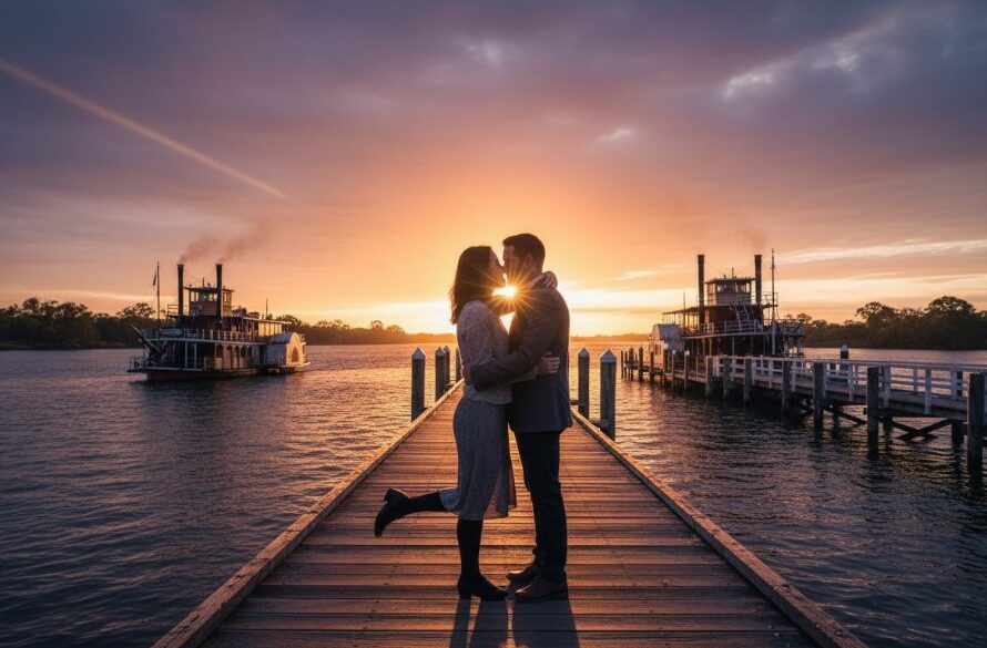 A loving couple embracing on the historic port of Echuca at golden hour, capturing a romantic Echuca engagement photoshoot at sunset, with paddle steamers in the background under a dramatic, professionally colour-graded sky.