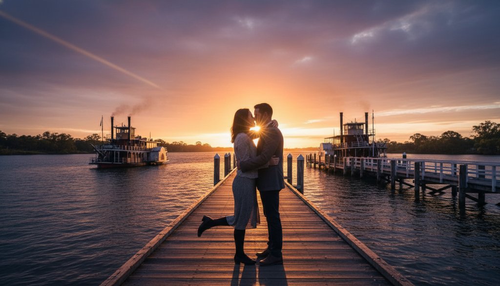A loving couple embracing on the historic port of Echuca at golden hour, capturing a romantic Echuca engagement photoshoot at sunset, with paddle steamers in the background under a dramatic, professionally colour-graded sky.