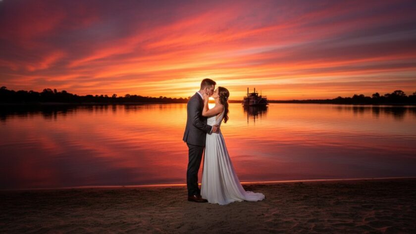 A stunning wide-angle photograph capturing romantic Echuca wedding photography Murray River sunset, with a newly married couple silhouetted against a vibrant orange and purple sky, standing by the historic paddle steamer PS Emmylou on the riverbank.