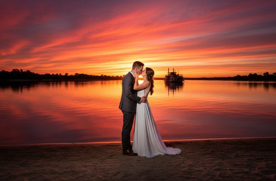 A stunning wide-angle photograph capturing romantic Echuca wedding photography Murray River sunset, with a newly married couple silhouetted against a vibrant orange and purple sky, standing by the historic paddle steamer PS Emmylou on the riverbank.