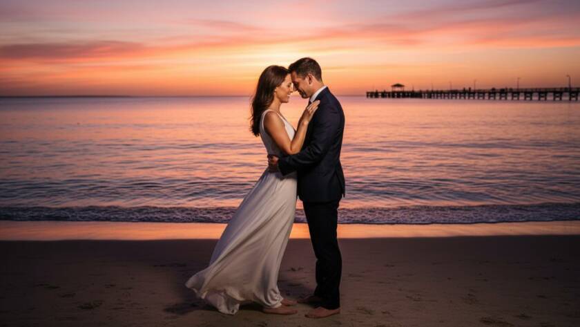 A breathtaking and romantic Edithvale pre-wedding photoshoot bay views featuring a couple embracing dramatically against a golden sunset over the tranquil Port Phillip Bay, with soft waves lapping the shore.