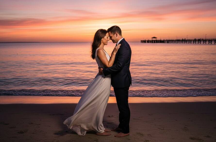 A breathtaking and romantic Edithvale pre-wedding photoshoot bay views featuring a couple embracing dramatically against a golden sunset over the tranquil Port Phillip Bay, with soft waves lapping the shore.