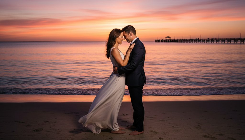 A breathtaking and romantic Edithvale pre-wedding photoshoot bay views featuring a couple embracing dramatically against a golden sunset over the tranquil Port Phillip Bay, with soft waves lapping the shore.