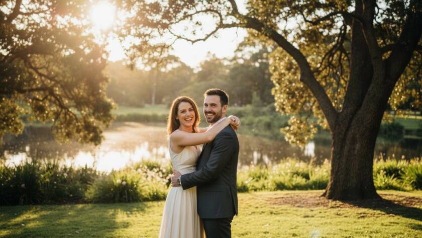 A romantic Elsternwick pre-wedding photo shoot captures a couple sharing an intimate embrace under dramatic sunset lighting in Elsternwick Park, Victoria, Australia, with lush greenery and a golden glow.