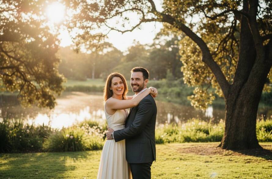 A romantic Elsternwick pre-wedding photo shoot captures a couple sharing an intimate embrace under dramatic sunset lighting in Elsternwick Park, Victoria, Australia, with lush greenery and a golden glow.