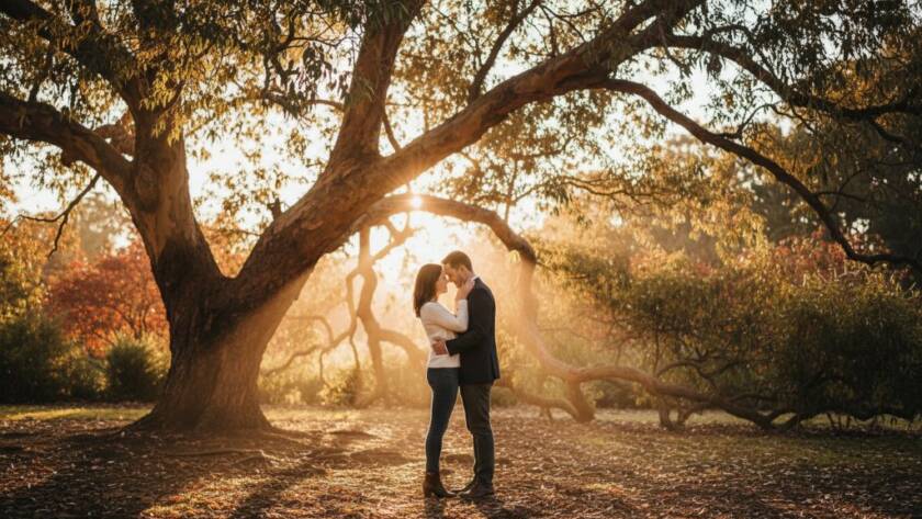 A breathtaking wide shot of a couple sharing a tender kiss under the canopy of an old, grand tree in Blackburn Gardens at golden hour, showcasing romantic engagement photography Blackburn Gardens, with dappled sunlight filtering through leaves and a soft, ethereal glow surrounding them, capturing an epic, intimate moment.