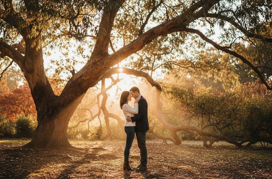 A breathtaking wide shot of a couple sharing a tender kiss under the canopy of an old, grand tree in Blackburn Gardens at golden hour, showcasing romantic engagement photography Blackburn Gardens, with dappled sunlight filtering through leaves and a soft, ethereal glow surrounding them, capturing an epic, intimate moment.