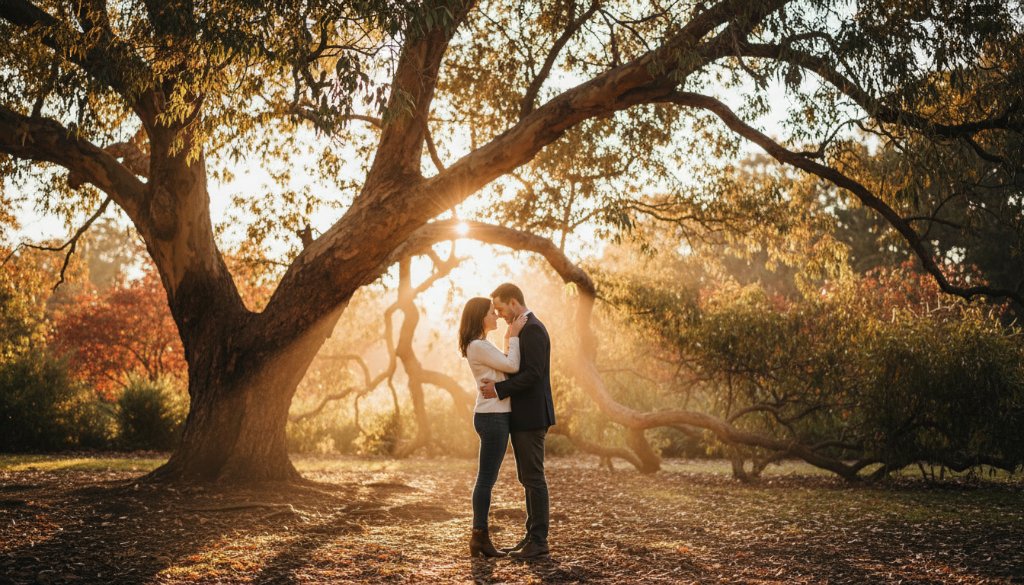 A breathtaking wide shot of a couple sharing a tender kiss under the canopy of an old, grand tree in Blackburn Gardens at golden hour, showcasing romantic engagement photography Blackburn Gardens, with dappled sunlight filtering through leaves and a soft, ethereal glow surrounding them, capturing an epic, intimate moment.