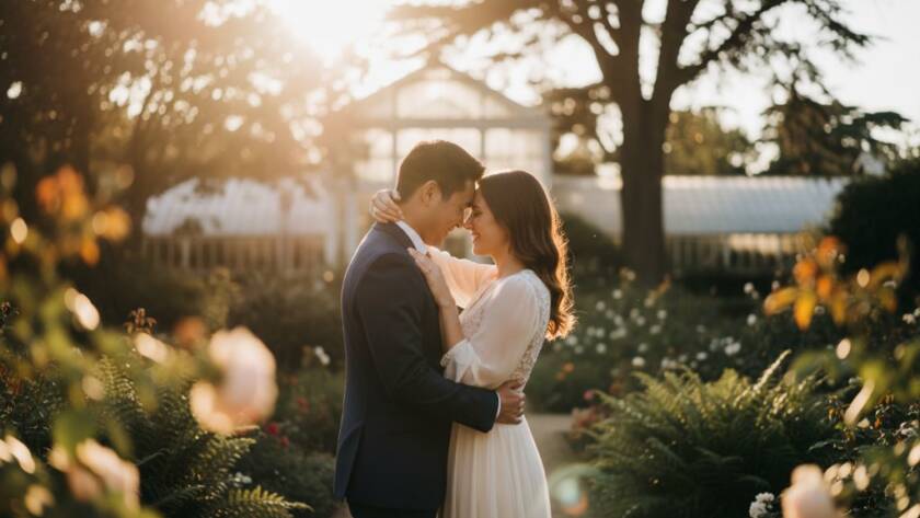 An epic moment captured during romantic engagement photography Caulfield Victoria, featuring a couple embracing passionately at sunset in a lush botanical garden, bathed in golden light with dramatic flair.