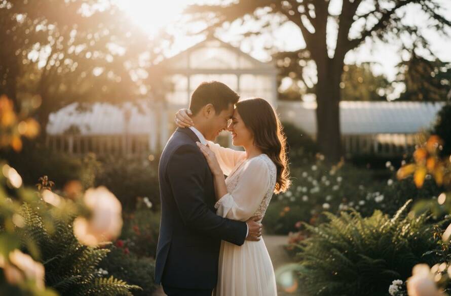 An epic moment captured during romantic engagement photography Caulfield Victoria, featuring a couple embracing passionately at sunset in a lush botanical garden, bathed in golden light with dramatic flair.