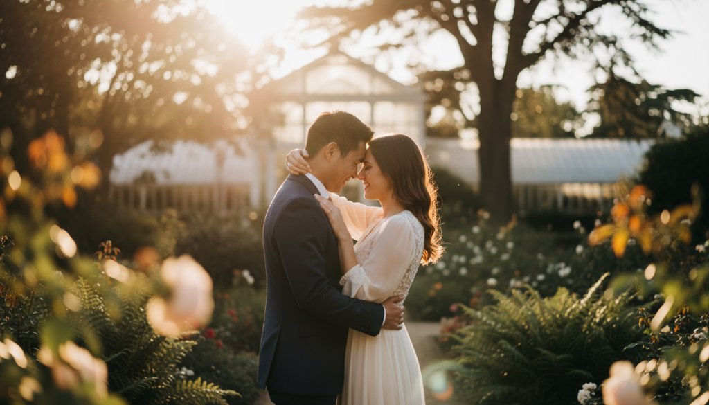 An epic moment captured during romantic engagement photography Caulfield Victoria, featuring a couple embracing passionately at sunset in a lush botanical garden, bathed in golden light with dramatic flair.