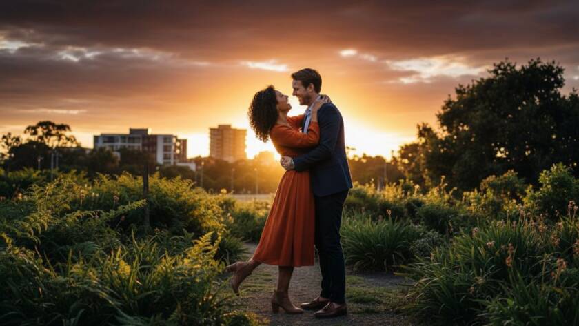 An epic moment of a joyful couple sharing a passionate kiss amidst the vibrant, green parkland of Clayton South, bathed in golden hour light, celebrating their romantic engagement photography Clayton South urban charm, captured with professional artistic flair.