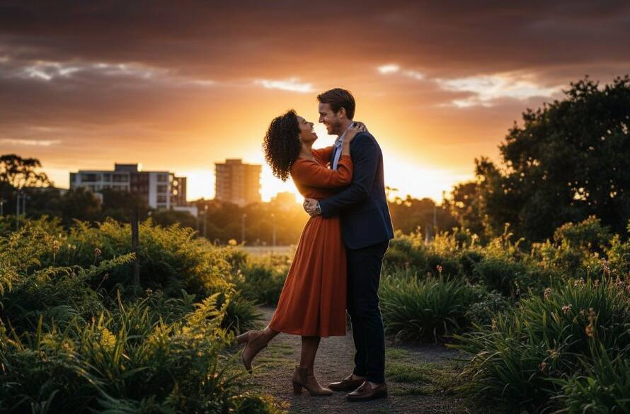 An epic moment of a joyful couple sharing a passionate kiss amidst the vibrant, green parkland of Clayton South, bathed in golden hour light, celebrating their romantic engagement photography Clayton South urban charm, captured with professional artistic flair.