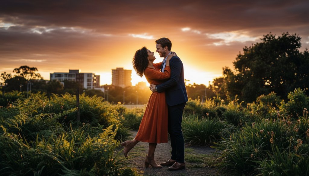 An epic moment of a joyful couple sharing a passionate kiss amidst the vibrant, green parkland of Clayton South, bathed in golden hour light, celebrating their romantic engagement photography Clayton South urban charm, captured with professional artistic flair.