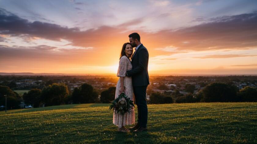 A newly engaged couple sharing a tender kiss at sunset amidst the lush greenery of Forest Hill, capturing a truly romantic engagement photography Forest Hill outdoor portraits moment, with dramatic backlighting and a shallow depth of field.