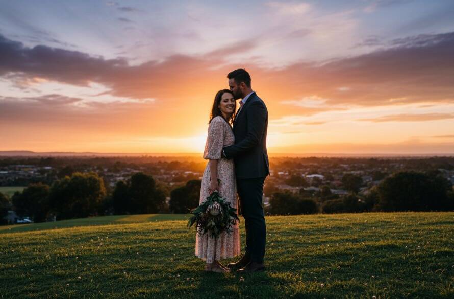 A newly engaged couple sharing a tender kiss at sunset amidst the lush greenery of Forest Hill, capturing a truly romantic engagement photography Forest Hill outdoor portraits moment, with dramatic backlighting and a shallow depth of field.