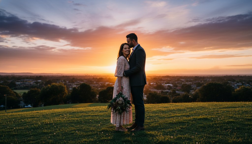 A newly engaged couple sharing a tender kiss at sunset amidst the lush greenery of Forest Hill, capturing a truly romantic engagement photography Forest Hill outdoor portraits moment, with dramatic backlighting and a shallow depth of field.