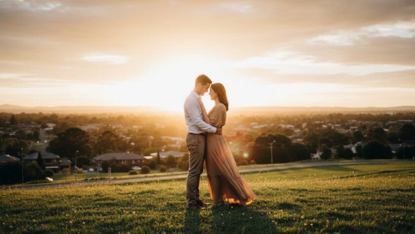 A couple shares a tender, romantic engagement photography Forest Hill Victoria candid moments, silhouetted against a golden hour sunset over the Dandenong Ranges, capturing an epic, emotional scene with dramatic lens flare and warm tones.