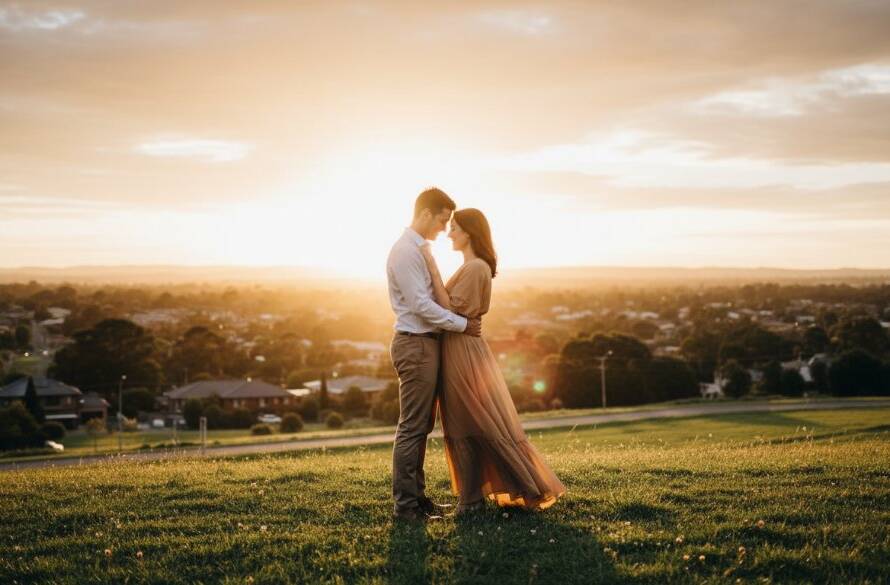 A couple shares a tender, romantic engagement photography Forest Hill Victoria candid moments, silhouetted against a golden hour sunset over the Dandenong Ranges, capturing an epic, emotional scene with dramatic lens flare and warm tones.
