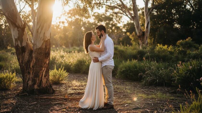 A couple embraces tenderly at sunset amidst the golden light of the Park Orchards bushland, captured during a romantic engagement photography session, showcasing an epic moment.