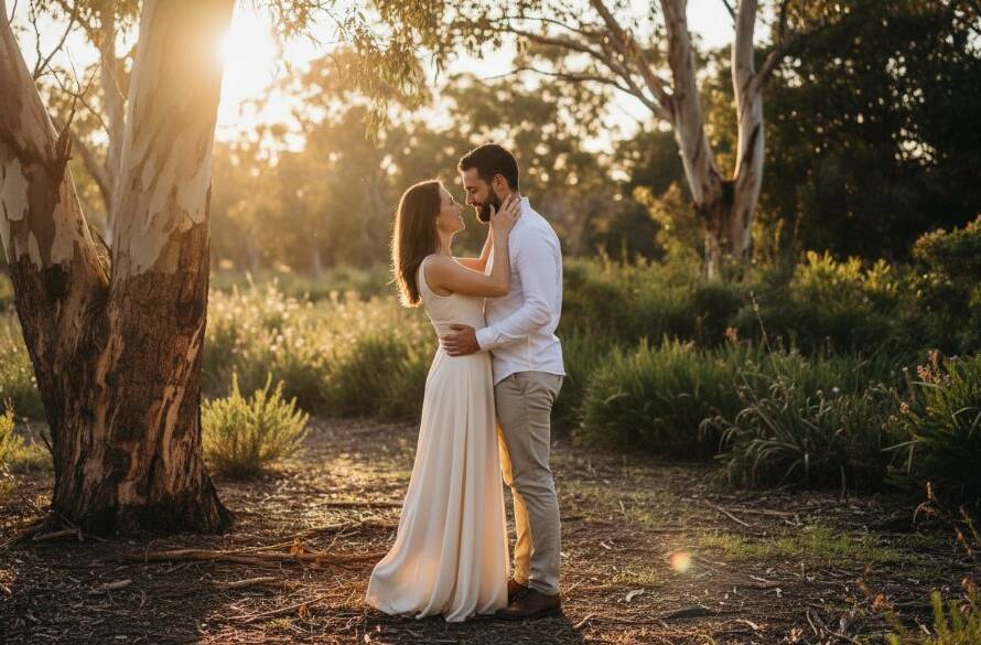 A couple embraces tenderly at sunset amidst the golden light of the Park Orchards bushland, captured during a romantic engagement photography session, showcasing an epic moment.