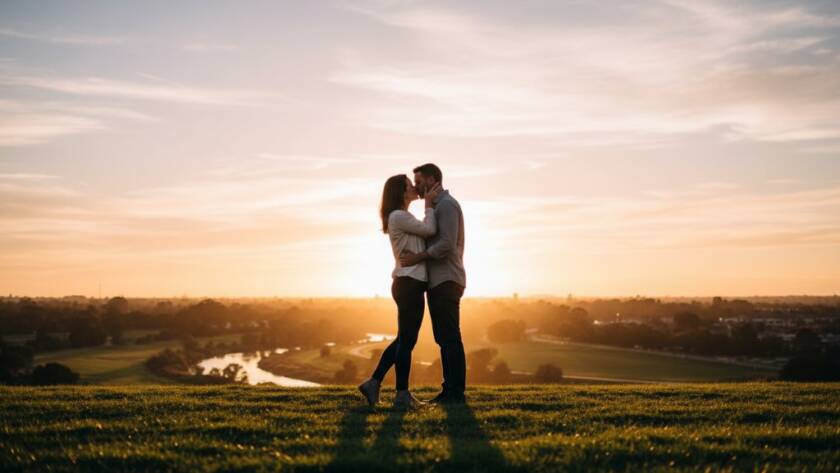 A couple embraces passionately at sunset by Kororoit Creek in Sunshine North, Victoria, with golden light silhouetting them against a dramatic sky, capturing a truly romantic engagement photography Sunshine North Victoria epic moment.