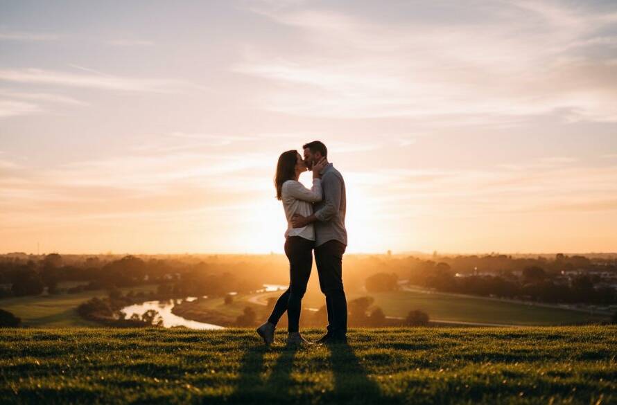 A couple embraces passionately at sunset by Kororoit Creek in Sunshine North, Victoria, with golden light silhouetting them against a dramatic sky, capturing a truly romantic engagement photography Sunshine North Victoria epic moment.