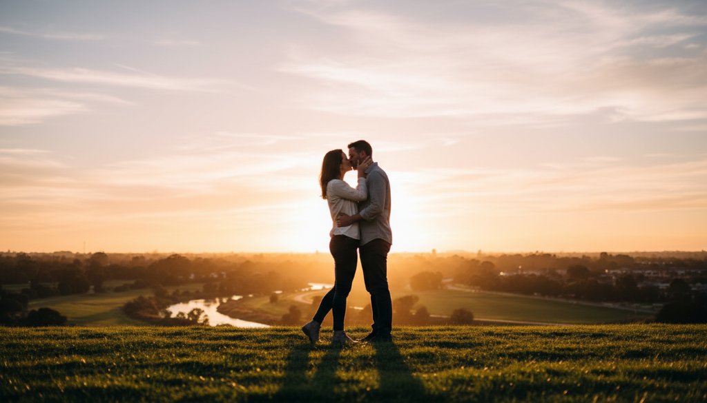 A couple embraces passionately at sunset by Kororoit Creek in Sunshine North, Victoria, with golden light silhouetting them against a dramatic sky, capturing a truly romantic engagement photography Sunshine North Victoria epic moment.