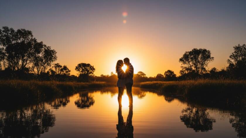 A couple shares a romantic embrace at sunset, silhouetted against the vibrant sky of Sunshine, Victoria, capturing a truly epic moment in their romantic engagement photography Sunshine Victoria session.