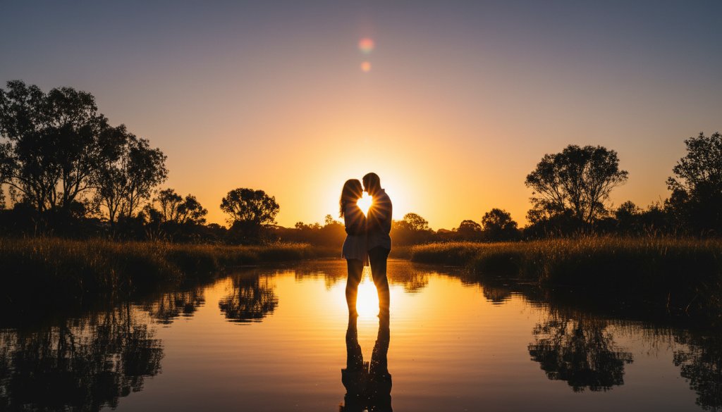 A couple shares a romantic embrace at sunset, silhouetted against the vibrant sky of Sunshine, Victoria, capturing a truly epic moment in their romantic engagement photography Sunshine Victoria session.