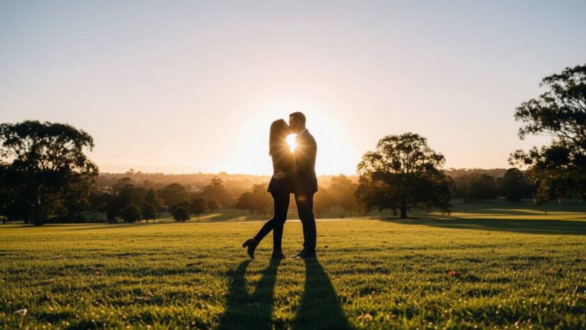 A couple sharing a tender, romantic kiss amidst the golden hour glow in a beautiful Vermont South park, captured with professional dramatic lighting and shallow depth of field, embodying romantic engagement photography Vermont South parks.